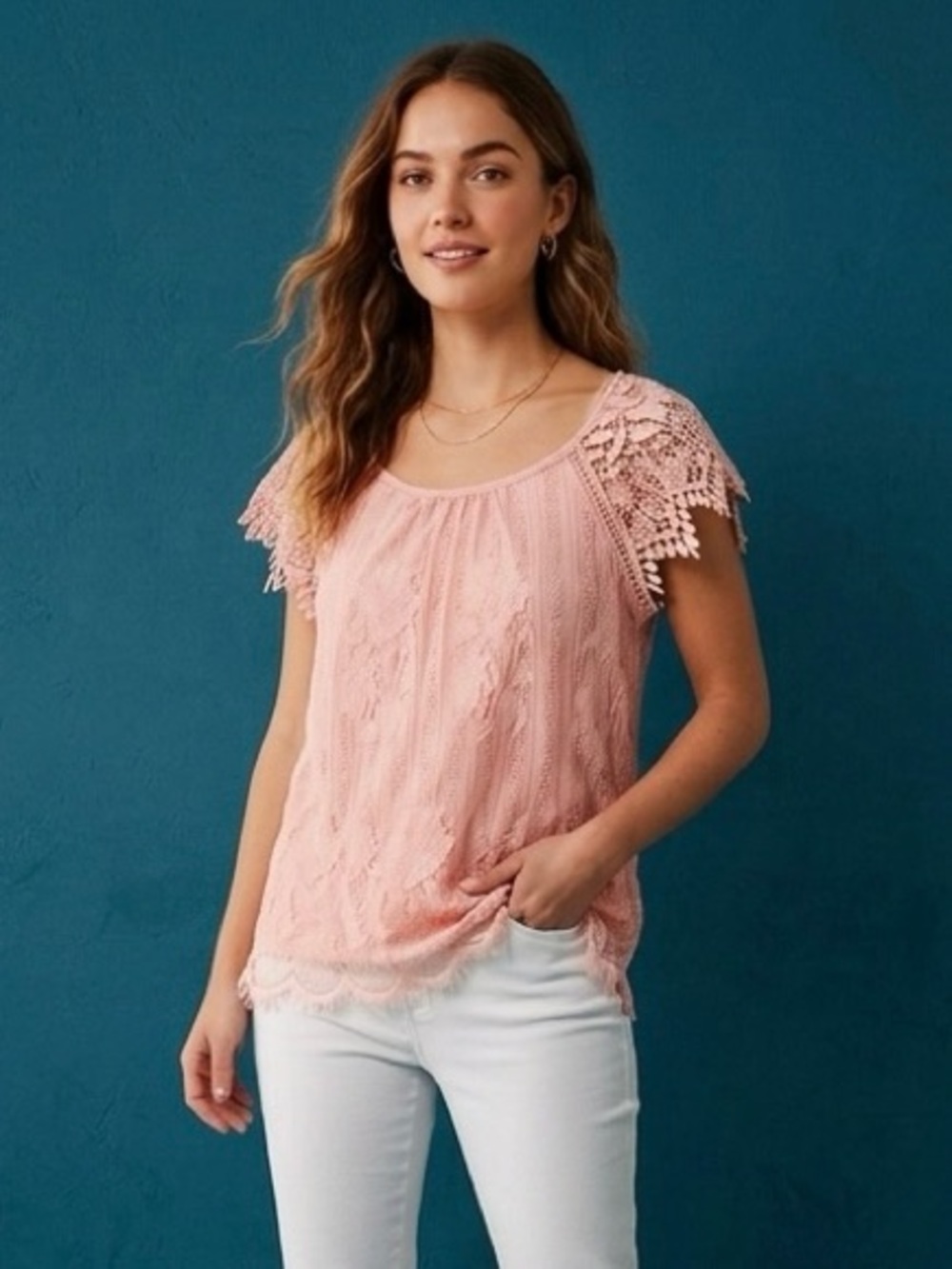 No Boundaries Pink Lace Crochet Cap Sleeve Top